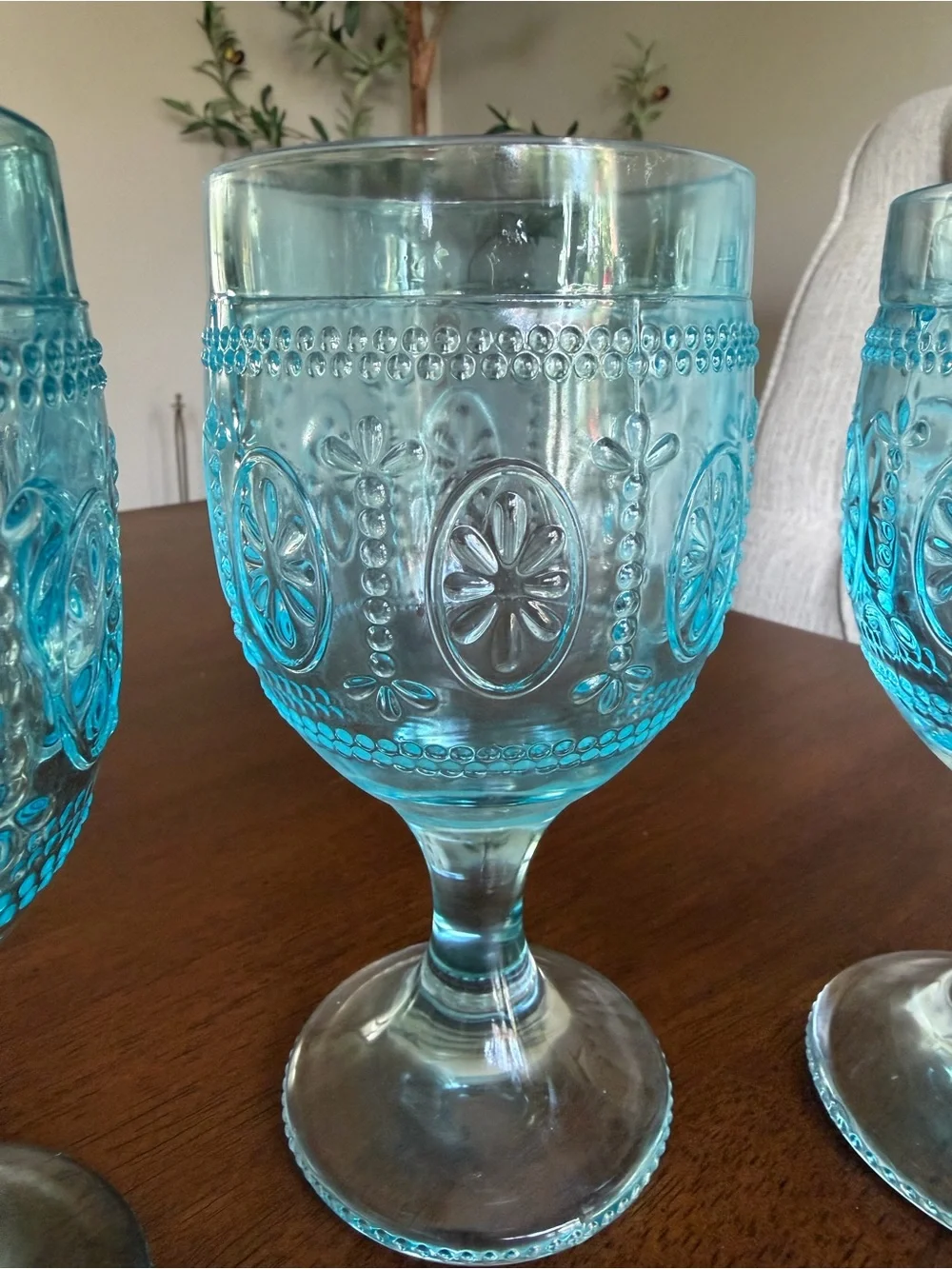 Turquoise Embossed Goblet Glasses - Set of 4
